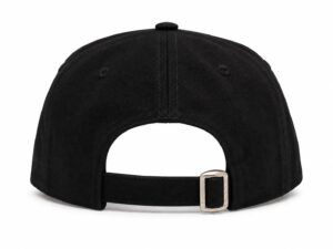 Back view of a black baseball cap with an adjustable strap and metal buckle rocker-style closure