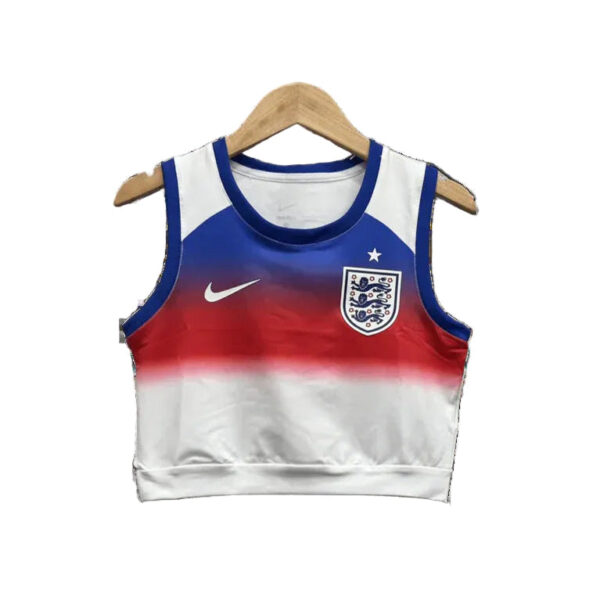 England national team sleeveless jersey with blue, red, and white gradient on a hanger, featuring Nike swoosh and crest with star above it