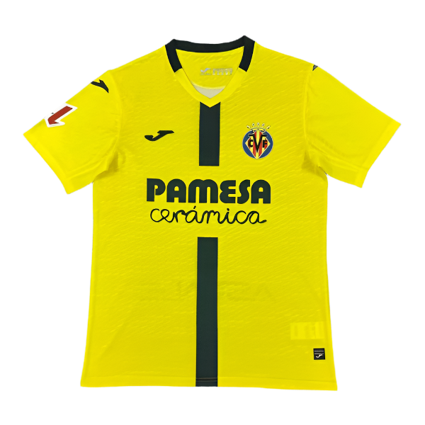 Yellow Villarreal CF home jersey with a black vertical stripe, crest on the left chest, and 'Pamesa cerámica' across the front.