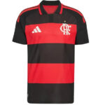 Red and black striped Flamengo football jersey with Adidas logo and club crest on the chest.