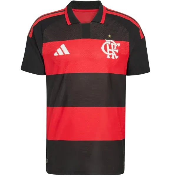 Red and black striped Flamengo football jersey with Adidas logo and club crest on the chest.