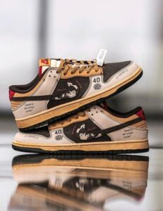 Beige and tan sneakers stacked on a reflective surface, featuring graphic panels and a '40' mark on the side.