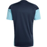 Back view of a navy athletic jersey with light blue sleeves from behind.