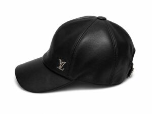 Black leather baseball cap with a small silver LV logo on the front.