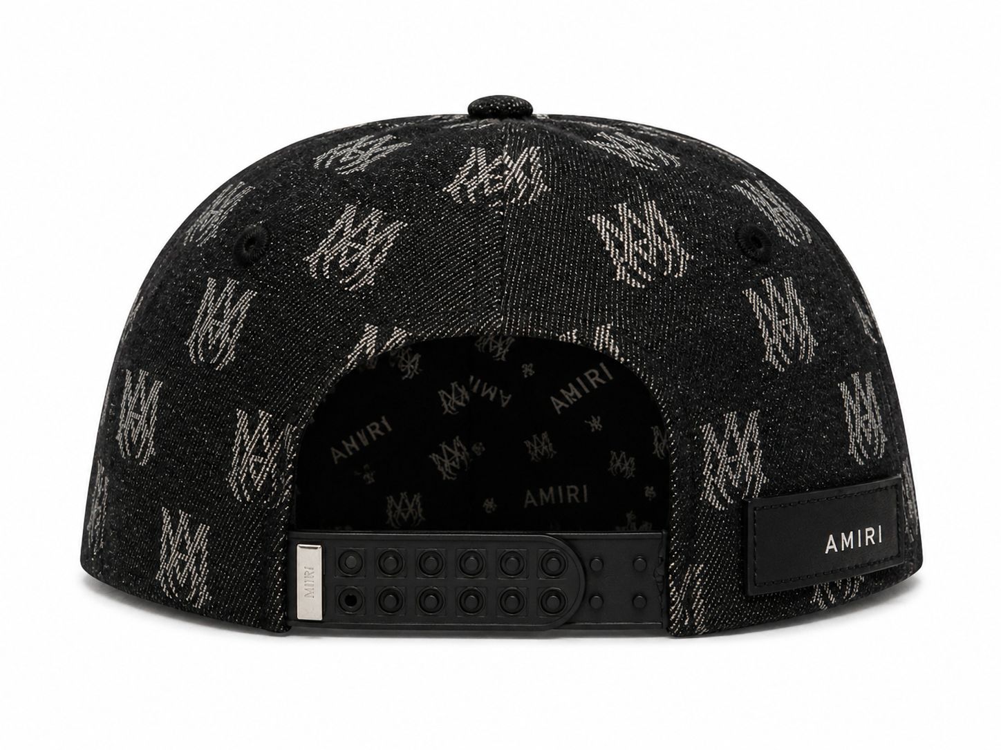 34ff7c88-60eb-4e0f-9ede-0ce48bed48d9 | UAE SPORT STORE Back view of a black denim cap with an all-over AMIRI logo pattern, featuring an adjustable snap strap and a stitched AMIRI patch on the back.