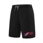 Black athletic shorts with a drawstring waist and a pink Nike swoosh/Just Do It logo on the lower left leg.