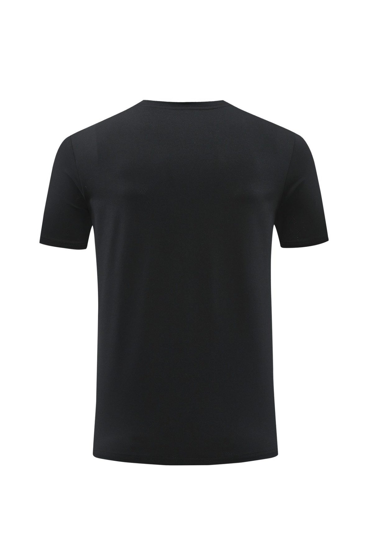 Rear view of a plain black short-sleeve T-shirt on a white background.