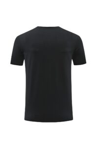 Rear view of a plain black short-sleeve T-shirt on a white background.