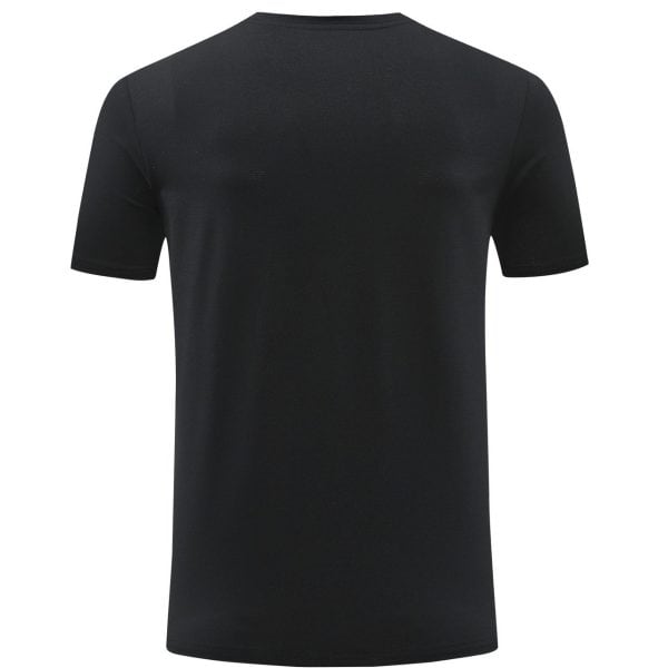 Rear view of a plain black short-sleeve T-shirt on a white background.