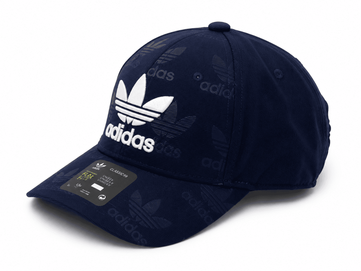 Navy blue Adidas cap with a large white trefoil logo and 'adidas' text on the front, set against a white background.