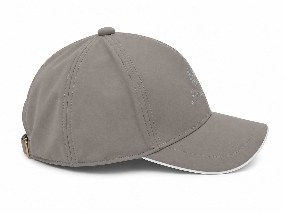 Grey baseball cap with curved brim and small top button.