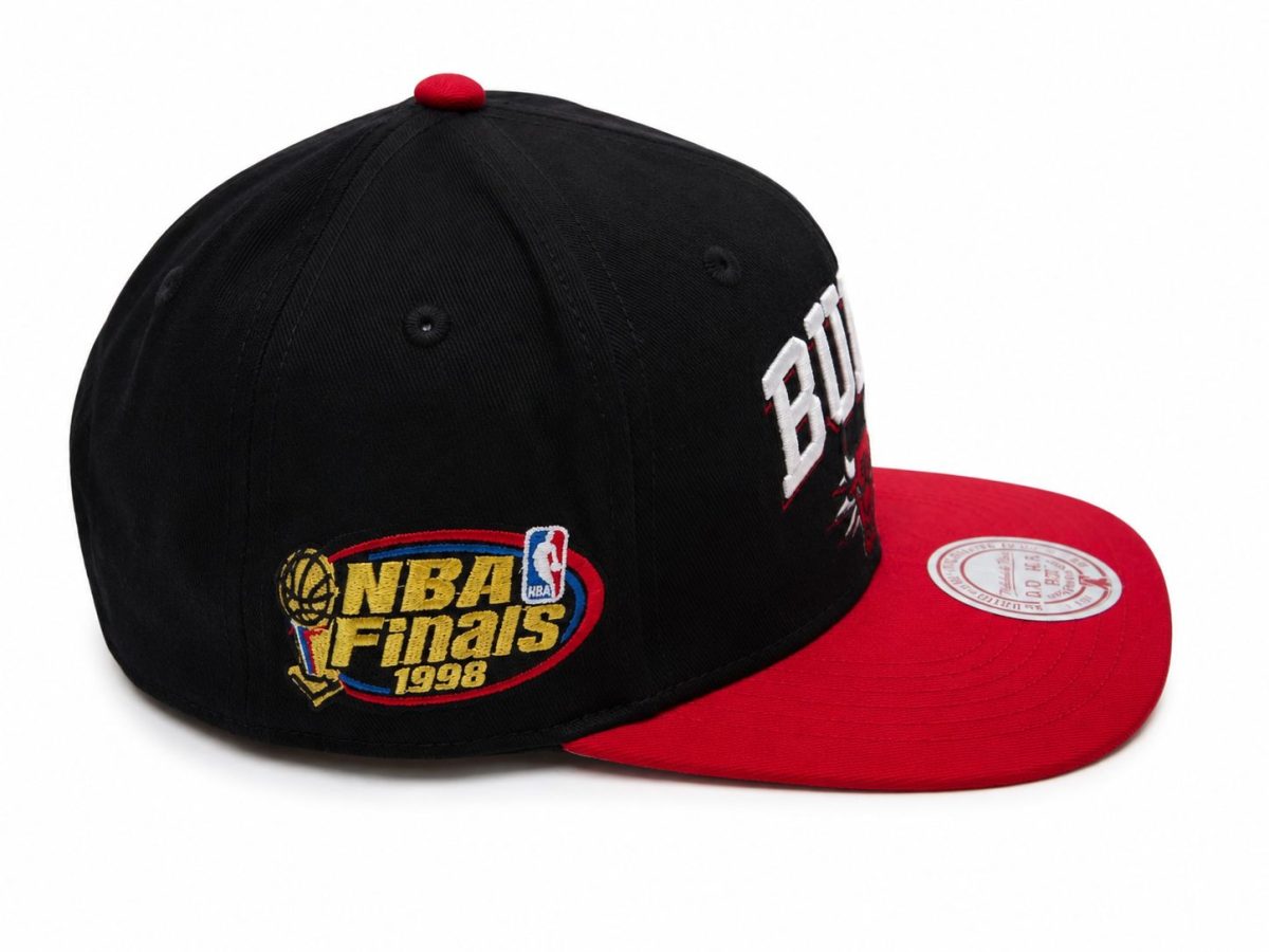 Black cap with red brim featuring Bulls logo and 1998 NBA Finals patch on the side]