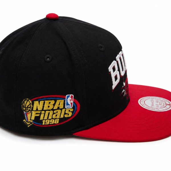 Black cap with red brim featuring Bulls logo and 1998 NBA Finals patch on the side]