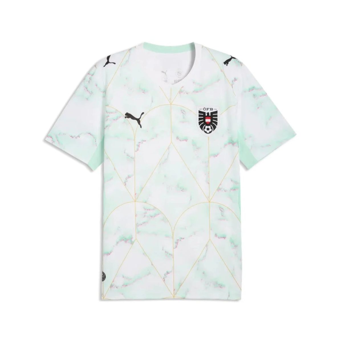 Mint and white marble-patterned soccer jersey with gold geometric lines and a shield crest on the chest (Puma logos visible).
