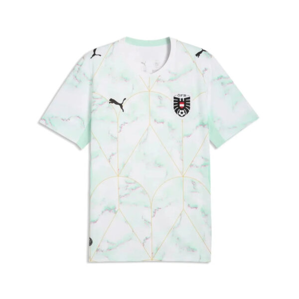 Mint and white marble-patterned soccer jersey with gold geometric lines and a shield crest on the chest (Puma logos visible).