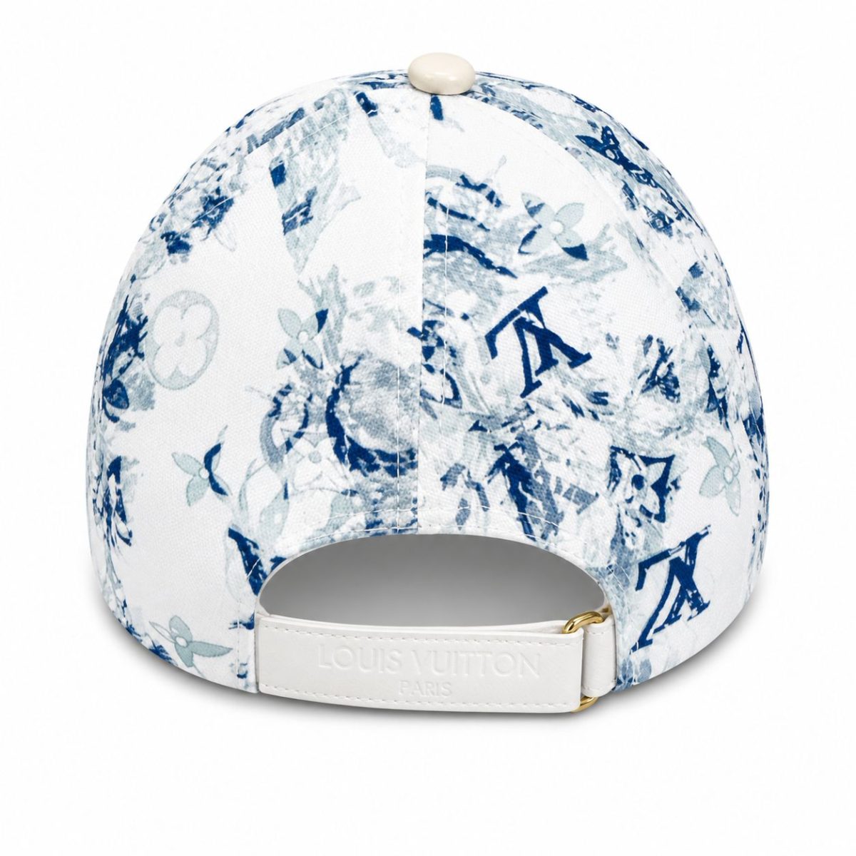 Back view of a white-and-blue floral Louis Vuitton baseball cap with an adjustable white strap and gold buckle.