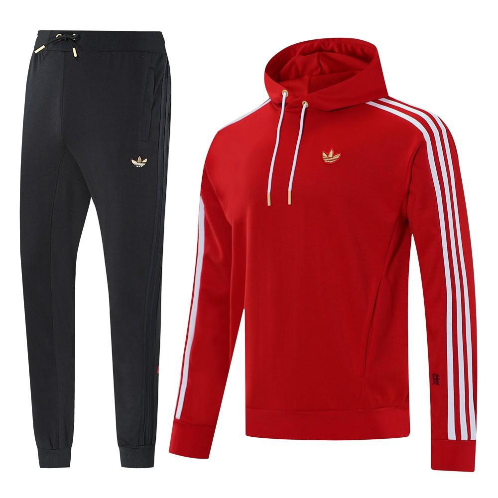 36940da4-2b89-4f68-93da-66b9448c834c Red Adidas track hoodie with white stripes on the sleeves and white drawstrings, shown with matching black joggers.