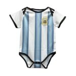 Baby onesie with Argentina flag stripes and AFA crest, black trim, snaps at bottom.