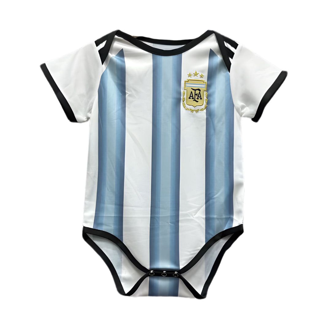 36d2ef28-8b01-4a16-9ce9-255246b04e73 Baby onesie with Argentina flag stripes and AFA crest, black trim, snaps at bottom.