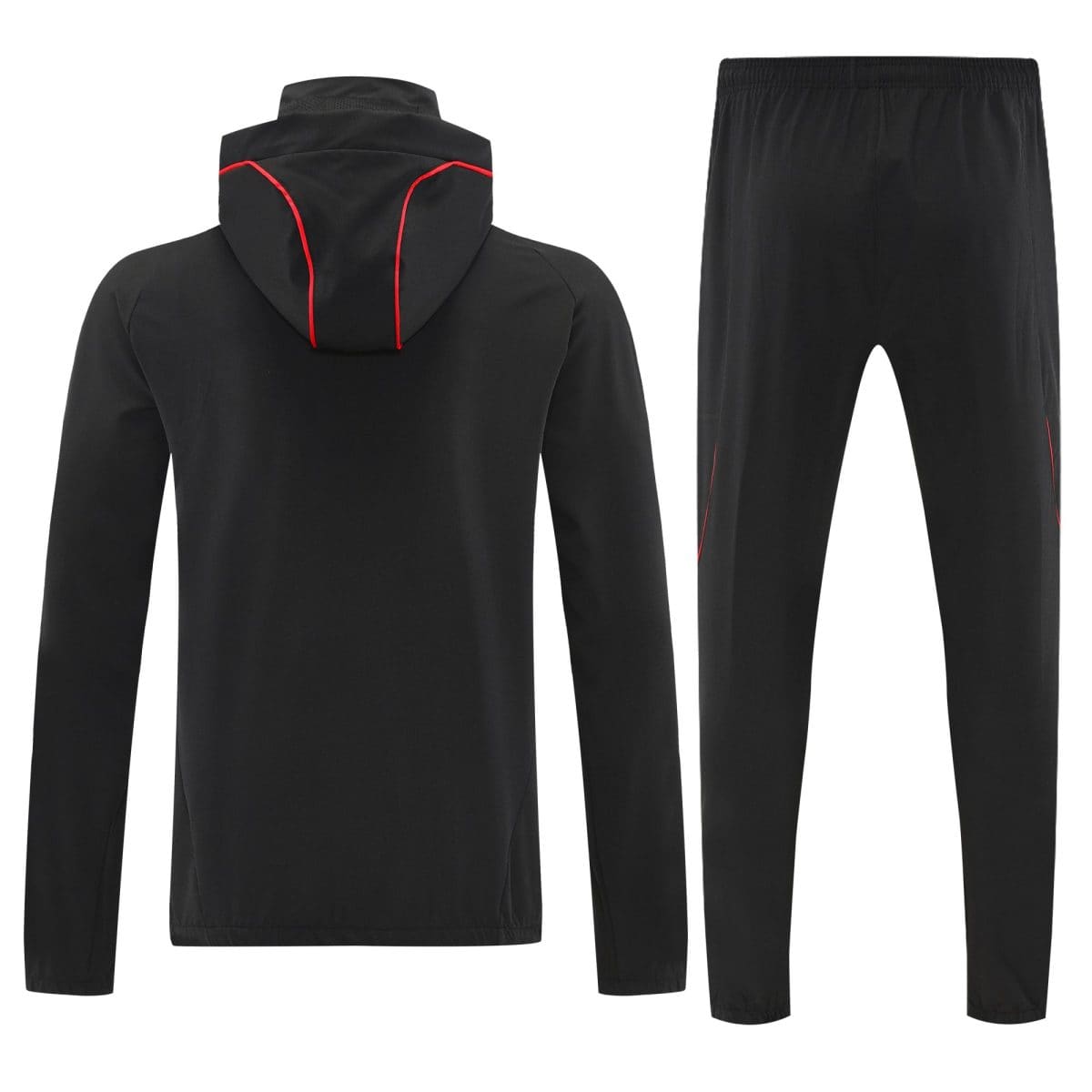 Back view of a black hoodie with red piping along the hood seams, paired with black pants with subtle piping details.