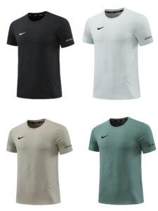 Set of Nike short-sleeve athletic tees in black, white, beige, and teal, each with the Nike swoosh and 'Just Do It' on the sleeve.