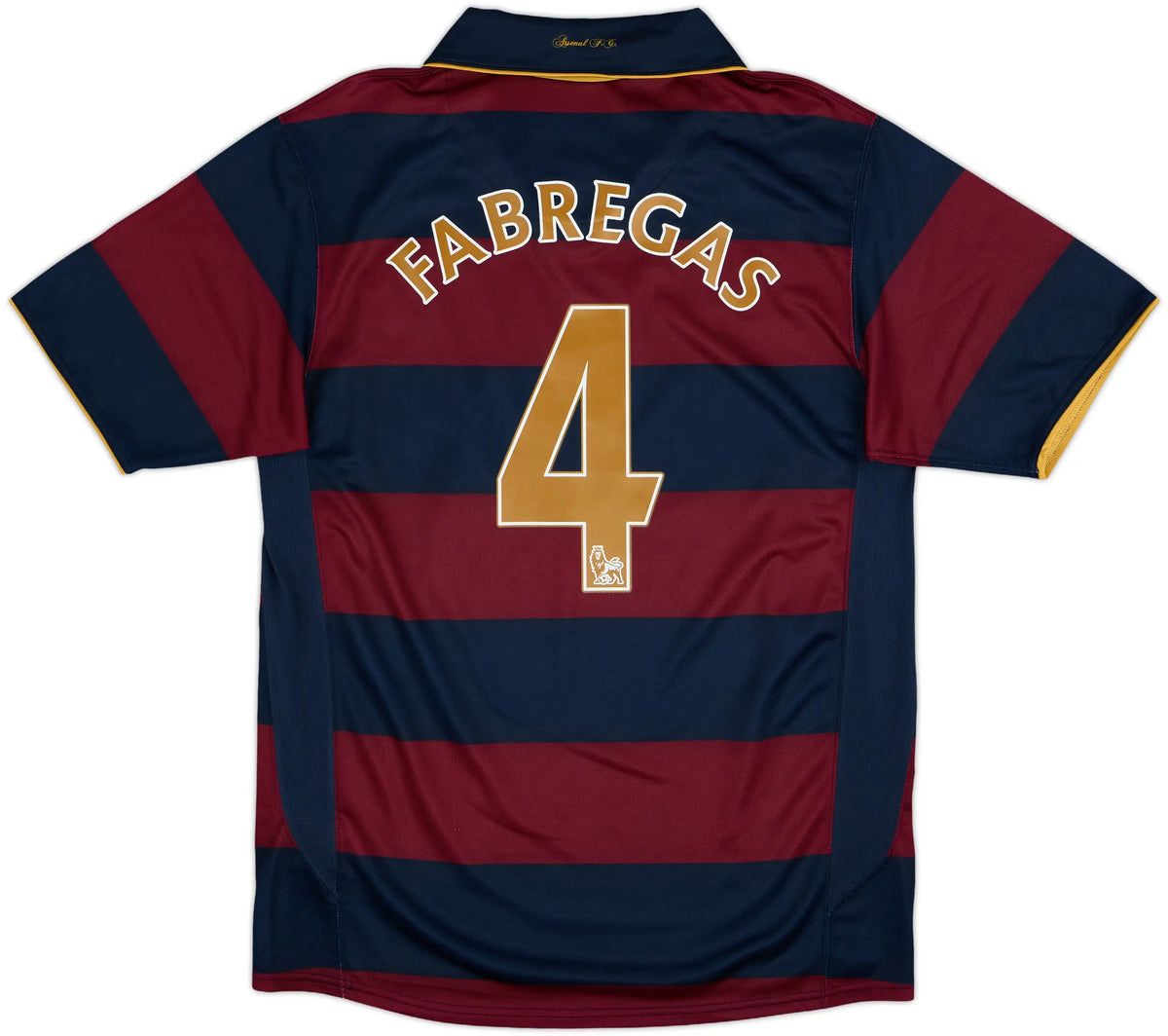 37ad7897-87bf-4eaa-b690-7dc4b2236dd6 Soccer jersey with wide blue and maroon horizontal stripes, name Fabregas and large gold number 4 on the back.