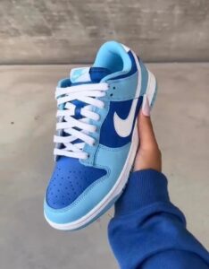 3897ef3a-5020-49de-bae9-186fe23e4951_f4208658-d07f-4dc6-95ae-ba40b22a3f3b | UAE SPORT STORE Blue Nike sneaker with white laces held in a hand, showing light and dark blue panels against a concrete background.