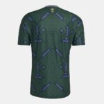 Back view of a dark green geometric-pattern soccer jersey with purple diamond accents and a gold crest at the collar.