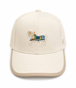 Embroidered white baseball cap with horse and saddle design.
