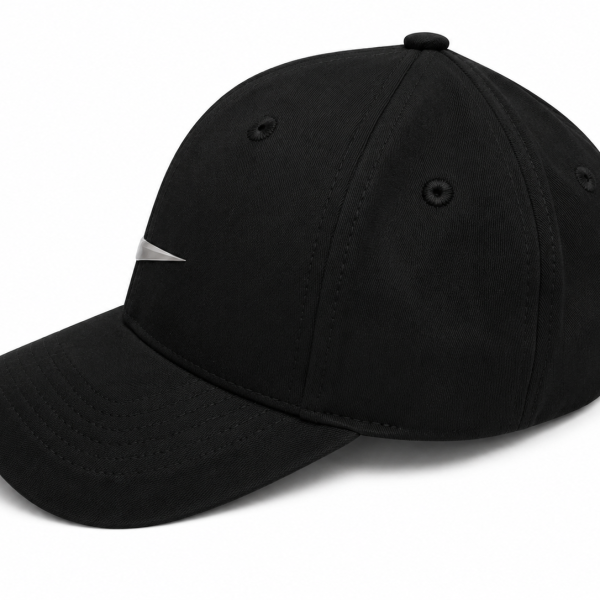 Black six-panel baseball cap with a curved brim and a small silver triangular emblem on the side.