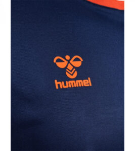 Navy fabric with a bright orange hummel logo in the center.