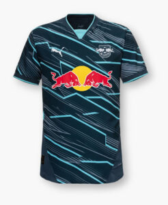 Dark blue RB Leipzig soccer jersey with light blue geometric stripes and a central Red Bull logo with yellow circle.