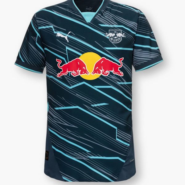 Dark blue RB Leipzig soccer jersey with light blue geometric stripes and a central Red Bull logo with yellow circle.