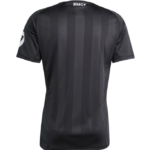 Back view of a black short-sleeve athletic jersey with vertical stripes and 'RMCF' text at the neck