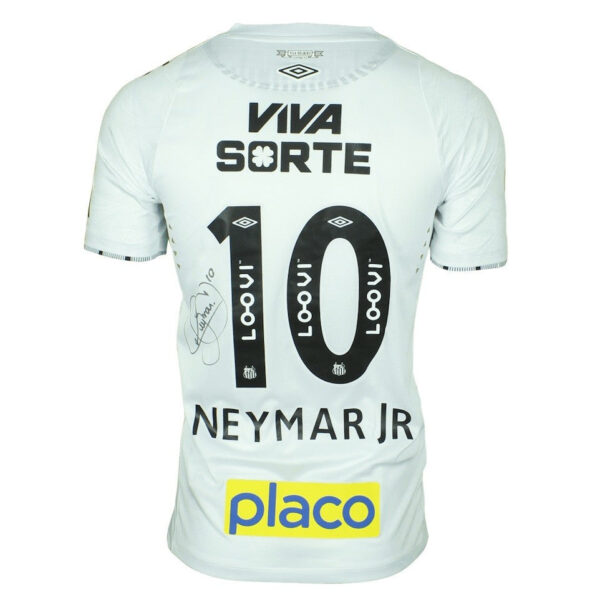 White football jersey back: Neymar Jr 10, Viva Sorte logo, autograph, with Placo sponsor at bottom.