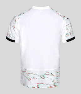 3RjZs6F6rbayfMb | UAE SPORT STORE Back view of a white athletic jersey with patterned mesh panels on shoulders and hem, and black sleeve cuffs.