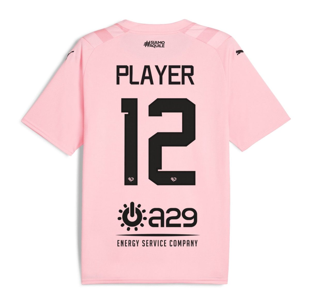Back view of a pink sports jersey showing the name 'PLAYER' and large number '12' in black with sponsor logos.