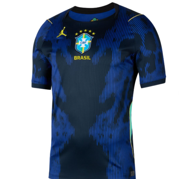 Brazil national team jersey in dark blue with neon blue pattern, crest and 'BRASIL' text on chest.