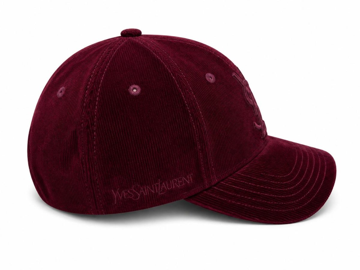 Maroon corduroy baseball cap with an embossed Yves Saint Laurent logo along the side.