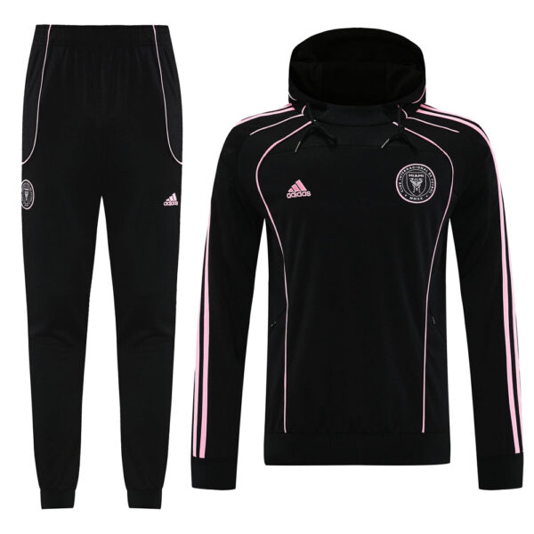 Black Adidas tracksuit set with pink piping, hooded jacket and matching jogger pants.