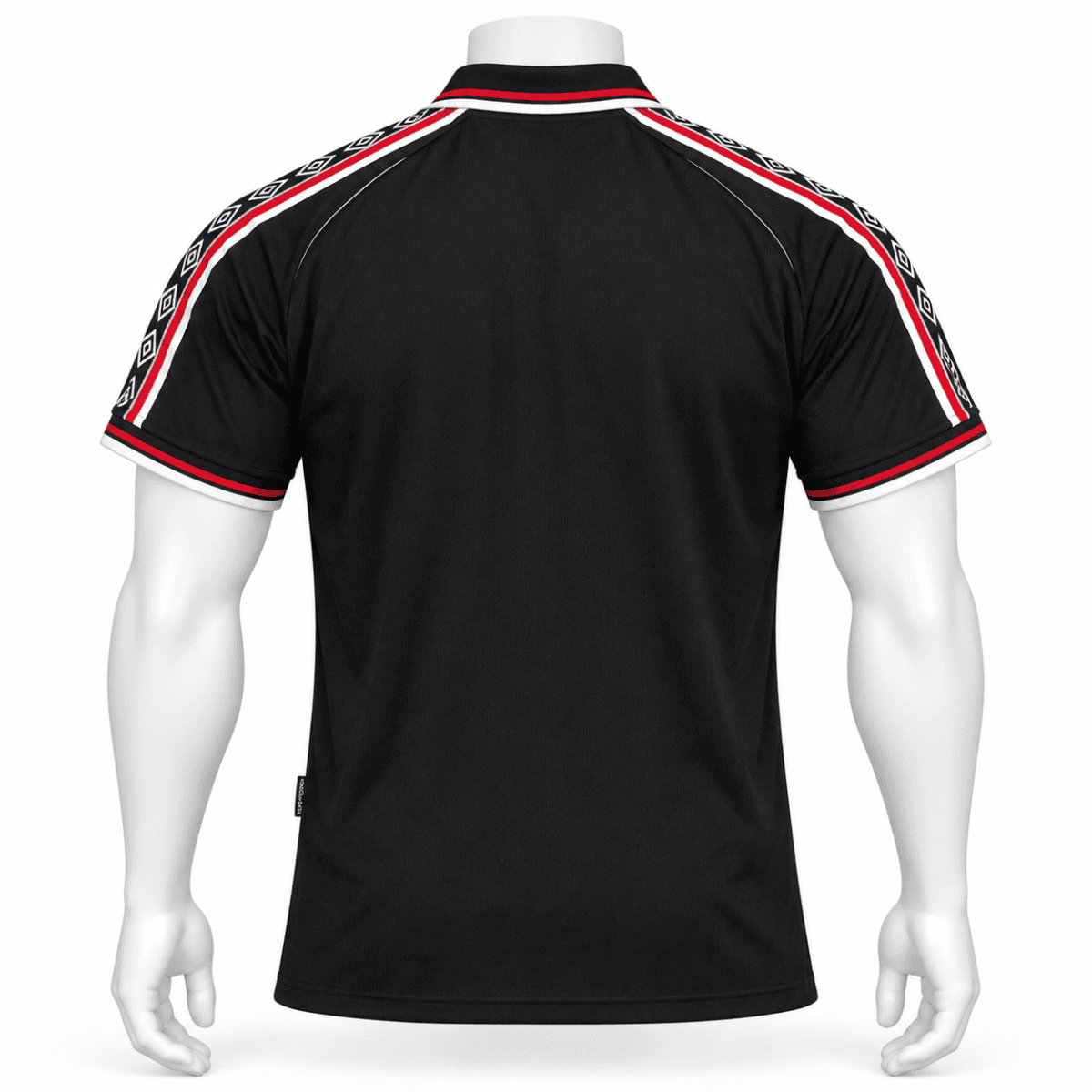 Black Manchester United quarter-zip shirt with red and white trim, full rear view