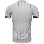Back view of a white T-shirt featuring vertical pastel stripes and black-and-white striped collar and cuffs.