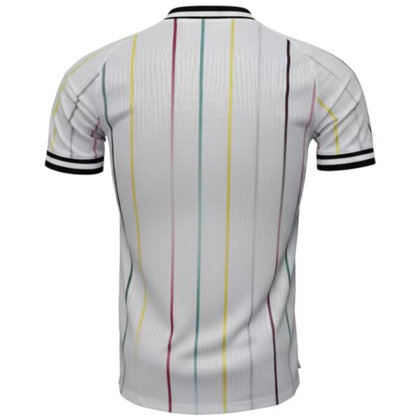 Back view of a white T-shirt featuring vertical pastel stripes and black-and-white striped collar and cuffs.