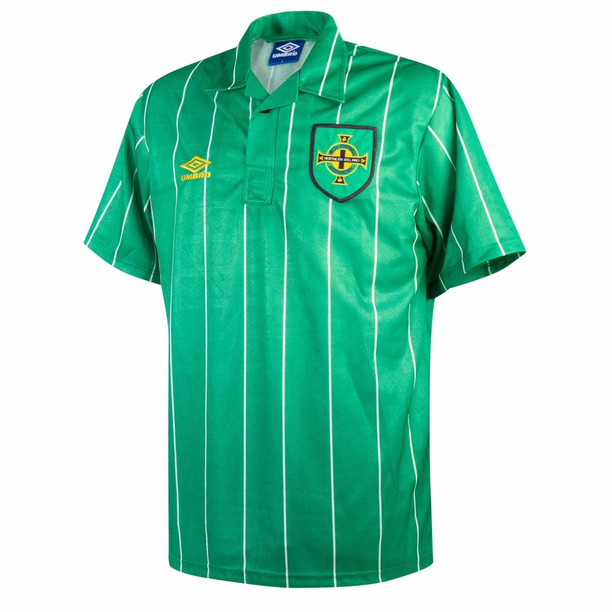 Green Northern Ireland football jersey with white vertical stripes, crest on the left chest and Umbro logo on the right.
