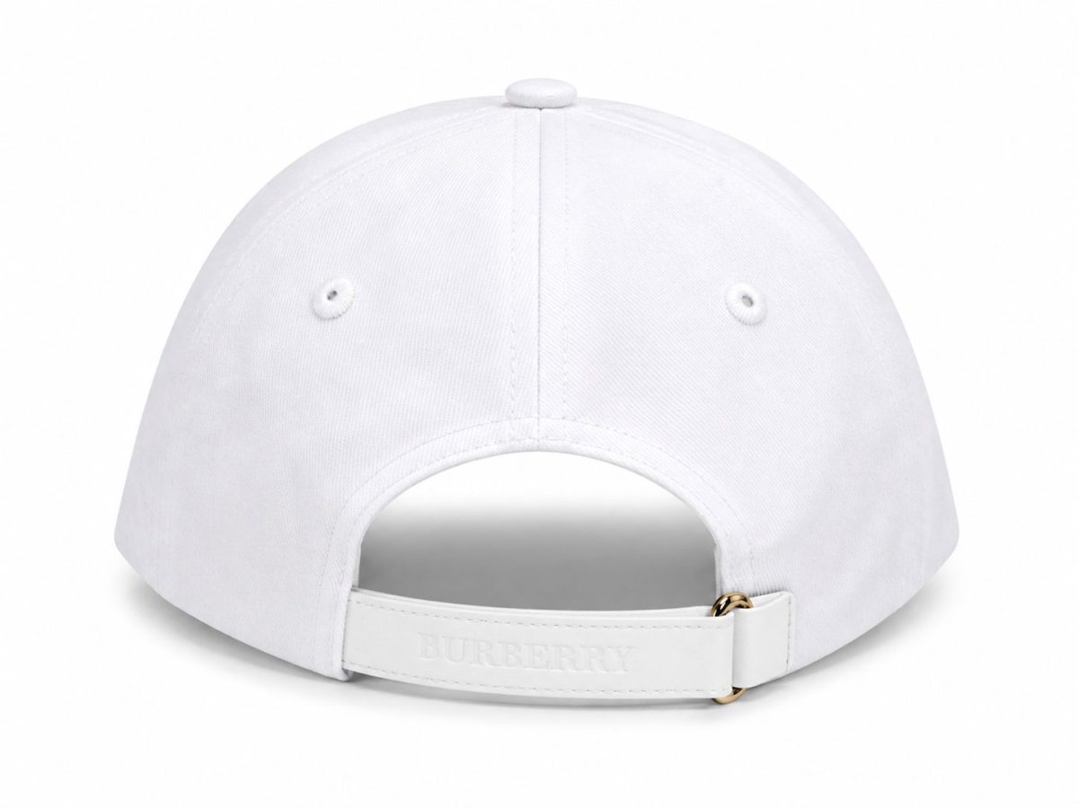 Back view of a white baseball cap with an adjustable strap embossed with BURBERRY.