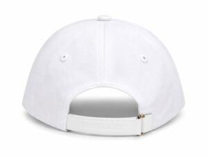 White baseball cap shown from the back with an adjustable strap and gold hardware; strap reads 'BURBERRY' in embossed letters.