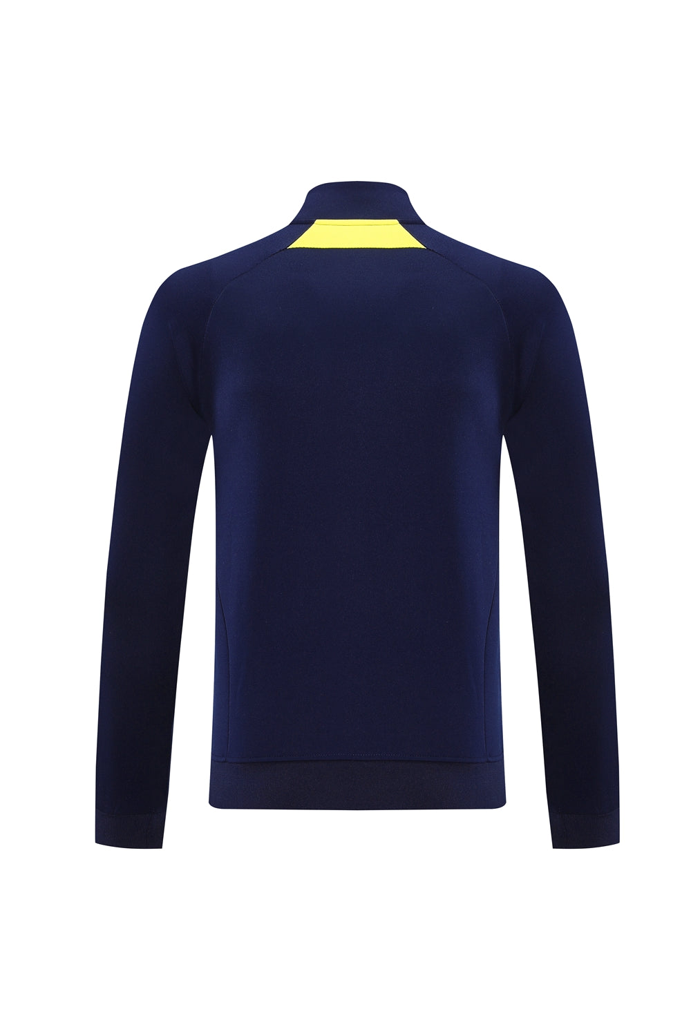 3c24703c | UAE SPORT STORE Back view of a navy blue long-sleeve sweater with a bright yellow collar accent.