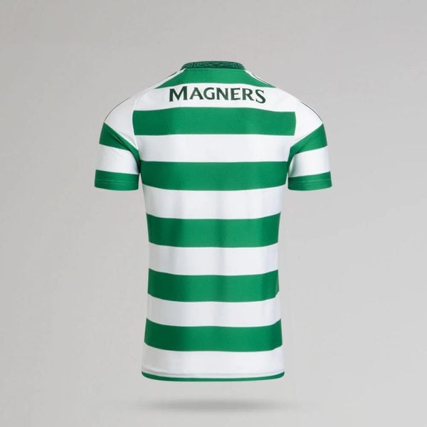 Back view of a green and white horizontal striped soccer jersey with 'MAGNERS' across the upper back.