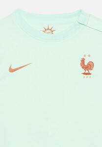 Mint-green Nike T-shirt featuring the French Football Federation crest (rooster) on the chest, with a Nike swoosh nearby.