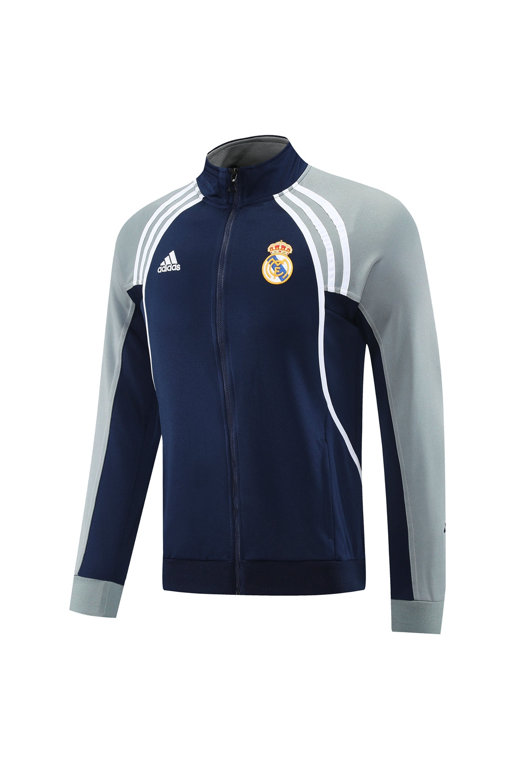 3d15f317 | UAE SPORT STORE Real Madrid Adidas track jacket, navy body with light gray sleeves and white piping, front zipper and crest on chest.